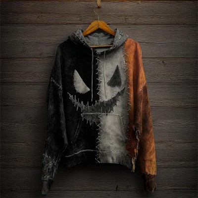 Halloween Contrast Colorblock Patchwork Spooky Face Hoodie Spooky Season Fall Gift