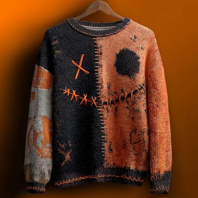 Halloween Vintage Colorblock Stitched Cozy Knit Spooky Face Sweater Spooky Season Fall Gift