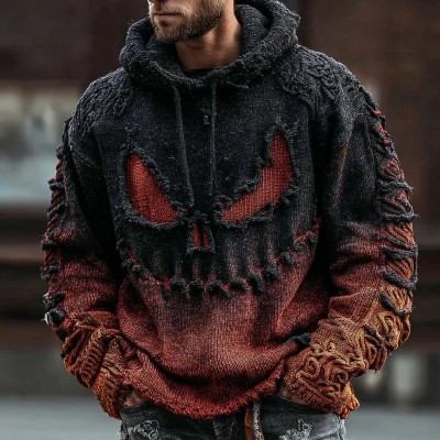 Men's Halloween Spooky Face Knitted Cozy Hooded Sweater Spooky Season Fall Gift