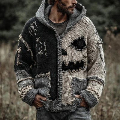 Men's Halloween Spooky Face Contrast Stitched Cozy Knit Zipper Hooded Sweater Spooky Season Gift