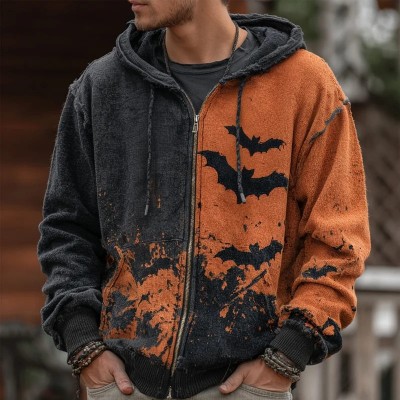 Men's Halloween Zip Up Bats Embroidered Contrast Color Hoodie Spooky Season Gift