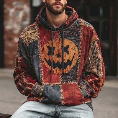 Men's Halloween Pumpkin Face Stitching Patchwork Hoodie Spooky Season Gift