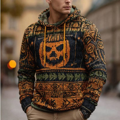 Men's Halloween Pumpkin Chunky Knit Hooded Sweater Spooky Season Fall Gift