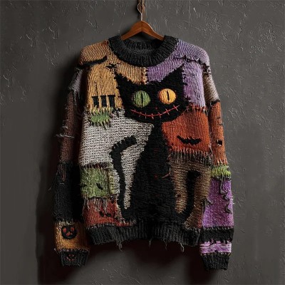 Halloween Vintage Black Cat Colorblock Stitched Cozy Knit Sweater Spooky Season Fall Gift