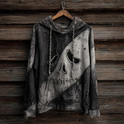 Men's Halloween Colorblock Stitched Washed Skull Face Hoodie Spooky Season Gift