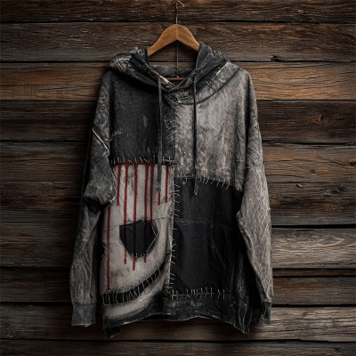 Men's Halloween Spooky Face Washed Patchwork Hoodie Spooky Season Gift
