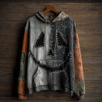 Men's Halloween Spooky Face Contrast Colorblock Patchwork Hoodie Spooky Season Gift