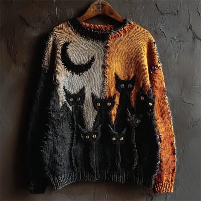 Halloween Black Cat Crochet Contrast Stitched Cozy Knit Sweater Spooky Season Fall Gift