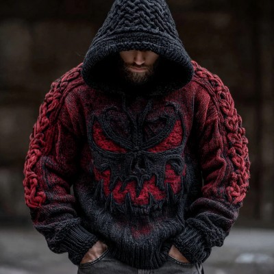 Men's Halloween Devil Face Knitted Cozy Hooded Sweater Spooky Season Fall Gift