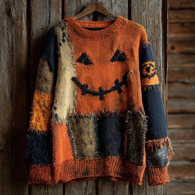 Halloween Pumpkin Face Contrast Stitched Cozy Knit Sweater Spooky Season Fall Gift