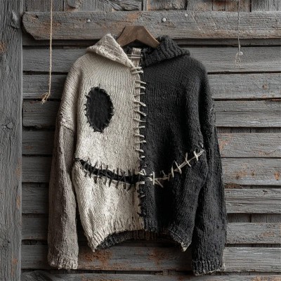 Halloween Contrast Stitched Cozy Knit Spooky Face Hooded Sweater Spooky Season Gift