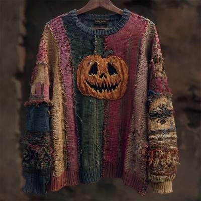 Halloween Embroidered Patchwork Knitted Spooky Pumpkin Face Sweater Spooky Season Fall Gift