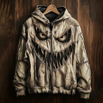 Men's Halloween Horror Scary Face Stitch Patchwork Zip Up Hoodie Spooky Season Gift