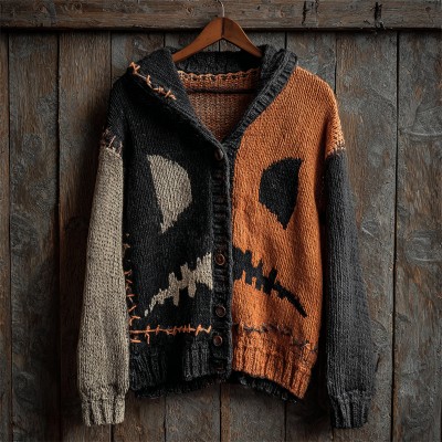 Halloween Spooky Face Contrast Stitched Cozy Knit Hooded Cardigan Spooky Season Fall Gift