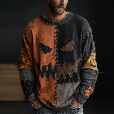 Halloween Spooky Face Contrast Stitched Cozy Knit Sweater Spooky Season Fall Gift