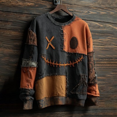 Men's Halloween Smiley Face Colorblock Warm Sweatshirt Spooky Season Fall Gift