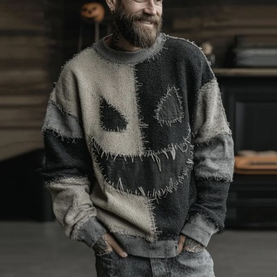 Halloween Colorblock Stitched Cozy Knit Spooky Face Sweater Spooky Season Gift