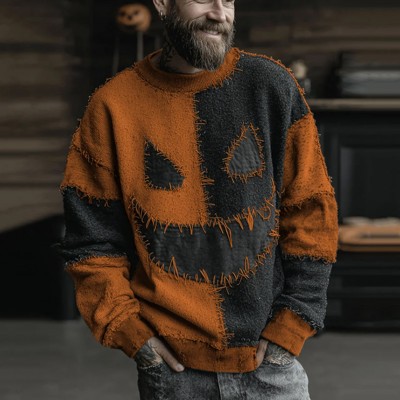 Men's Halloween Spooky Face Colorblock Stitched Cozy Knit Sweater Spooky Season Gift