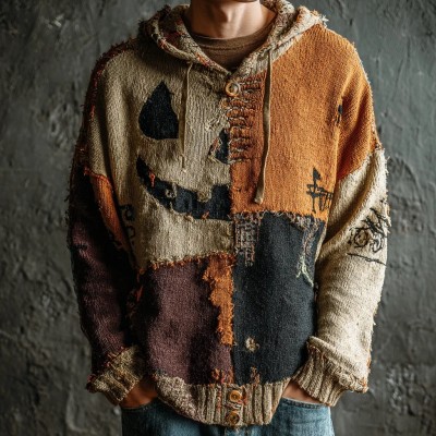 Men's Halloween Colorblock Stitched Cozy Knit Pumpkin Face Hooded Sweater Spooky Season Gift