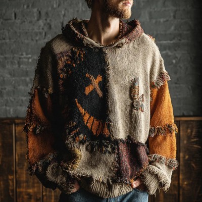 Men's Halloween Colorblock Stitched Cozy Knit Spooky Face Hooded Sweater Spooky Season Gift