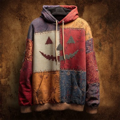 Men's Halloween Pumpkin Face Stitching Irregular Patchwork Hoodie Spooky Season Gift