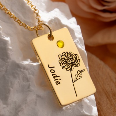 Personalized Dainty Birth Flower Necklace With Birthstone For Wife Girlfriend Mom Gift Ideas