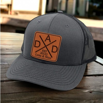 Custom DAD Leather Patch Hat With Kids Name For Papa Dad Grandpa Father's Day Birthday Gift