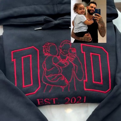 Custom Embroidered Dad Portrait Hoodie Sweatshirt With Kids Name On Sleeve For Father's Day Gift