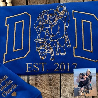 Custom Embroidered Dad Portrait Sweatshirt With Kids Name On Sleeve For Father's Day Gift