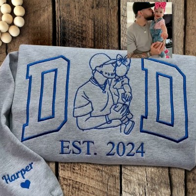 Custom Embroidered Dad Portrait Sweatshirt With Kids Name On Sleeve For Father's Day Gift