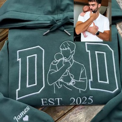 Custom Embroidered Dad Portrait Hoodie Sweatshirt With Kids Name On Sleeve For Father's Day Gift