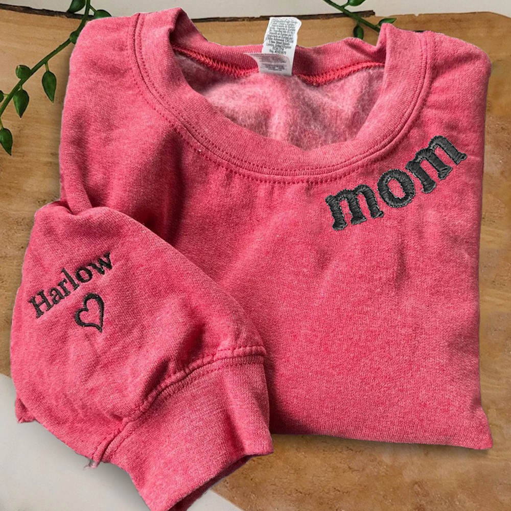 Custom Embroidered MOM Sweatshirt with Kids Names on Sleeve For Christmas Gift