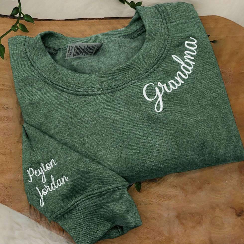 Custom Embroidered Grandma Sweatshirt with Grandchildren Names on Sleeve For Christmas Gift