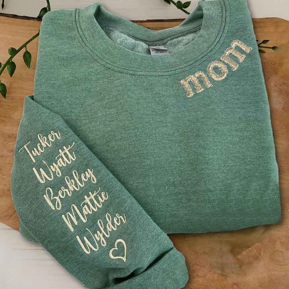 Custom Embroidered MOM Sweatshirt with Kids Names on Sleeve For Christmas Gift