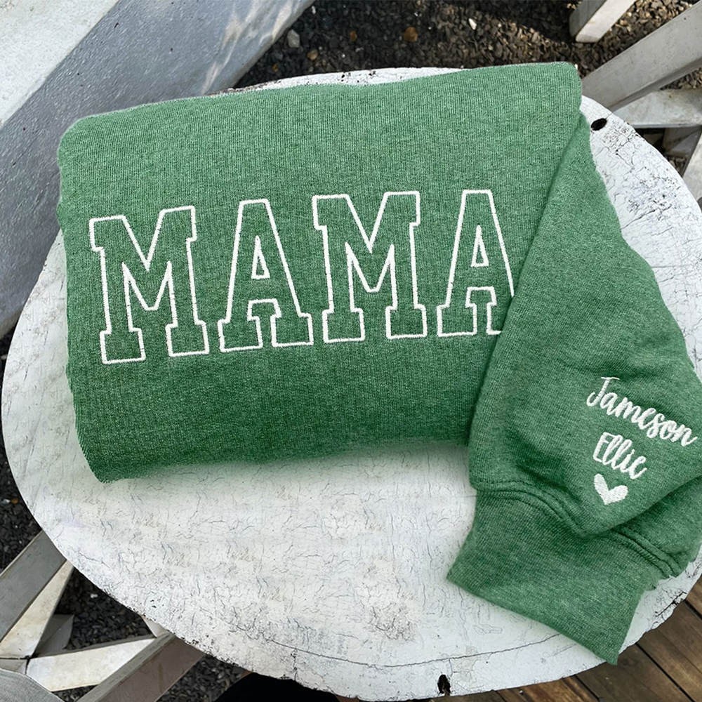 Custom Embroidered MAMA Sweatshirt with Kids Names on Sleeve For Christmas Gift