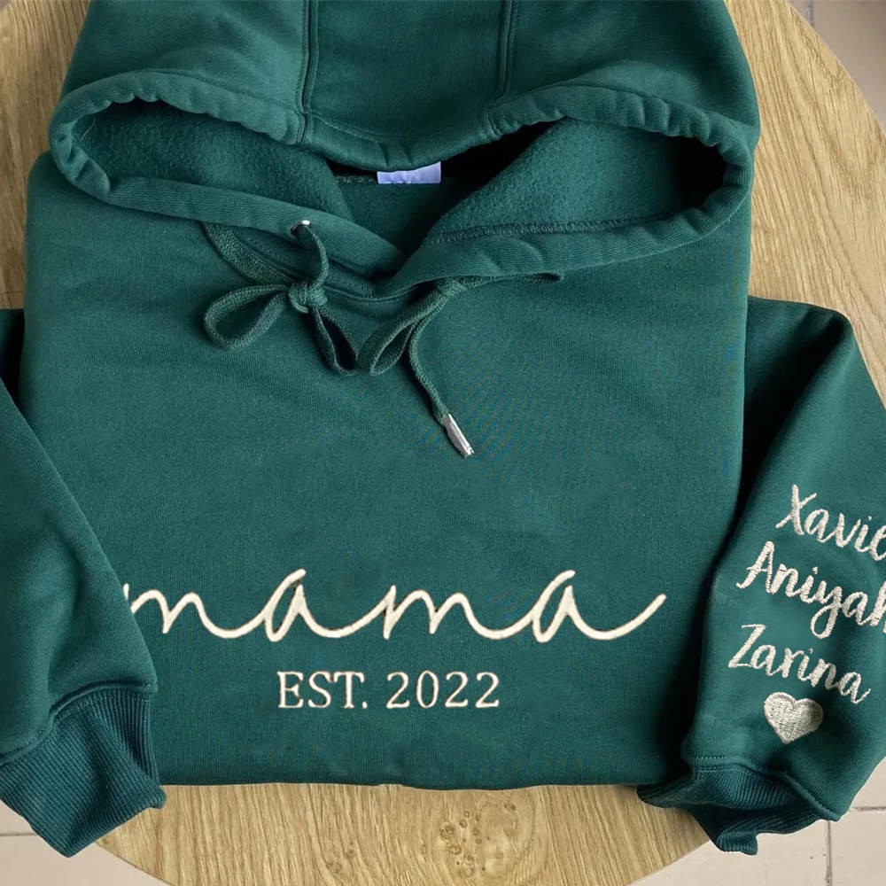 Custom Embroidered MAMA Hoodie with Kids Names on Sleeve For Christmas Gift