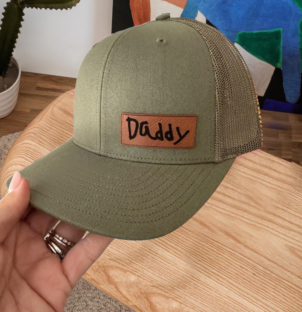Personalised Child’s Handwritten Leather Patch Dad Trucker Hat For Fathers Day Gift