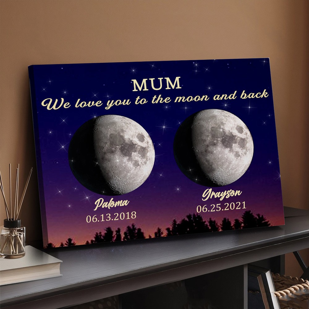 Custom Universe Moon Phase Print Frame With Kids Dates For Mother's Gift Ideas