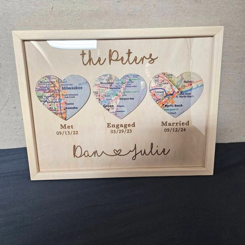 Personalised Met Engaged Married Map Wooden Frame Love Story Decor Keepsake Unique Gift For Couple Valentine's Day