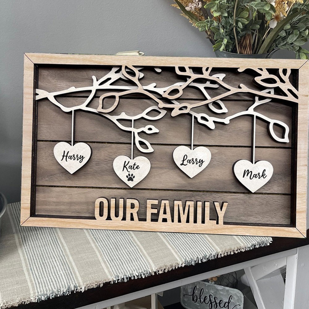 Custom Family Tree Wood Sign with Kids Name For Christmas Family Gift