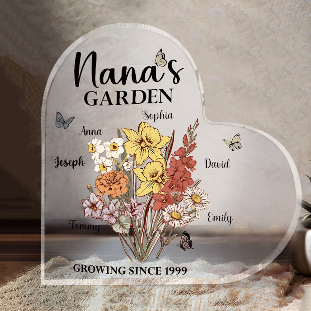 Personalised Nana's Garden Birth Flower Heart Acrylic Plaque For Christmas Family Gifts