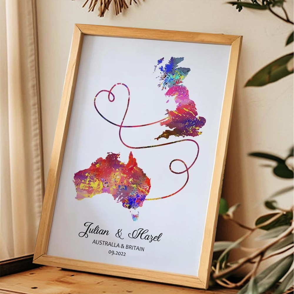 Personalised Two Countries Location Map Wooden Sign Gift For Valentine's Day Wedding Anniversary
