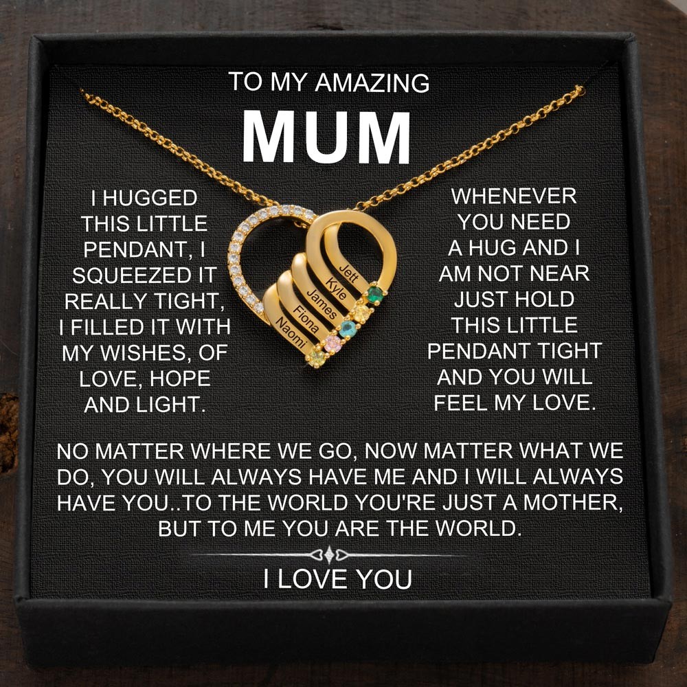Personalised Heart Necklace with Names and Birthstones For Mum