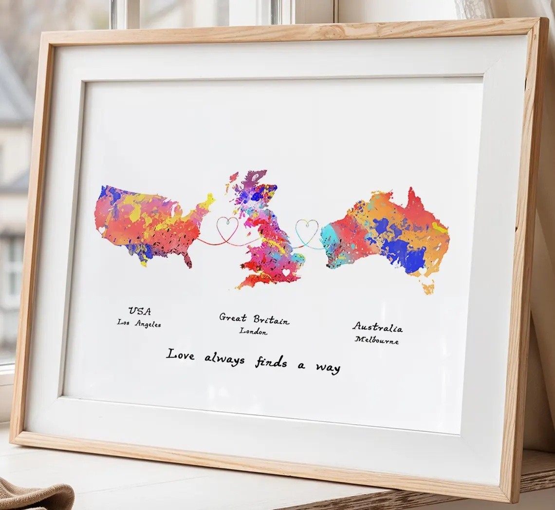 Personalised Three Countries Location Map Wooden Sign Gift For Valentine's Day Wedding Anniversary