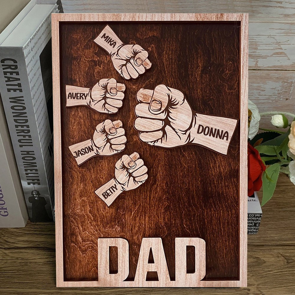 Personalised Fist Bump Dad Wood Sign With Kids Name For Father's Day Gift