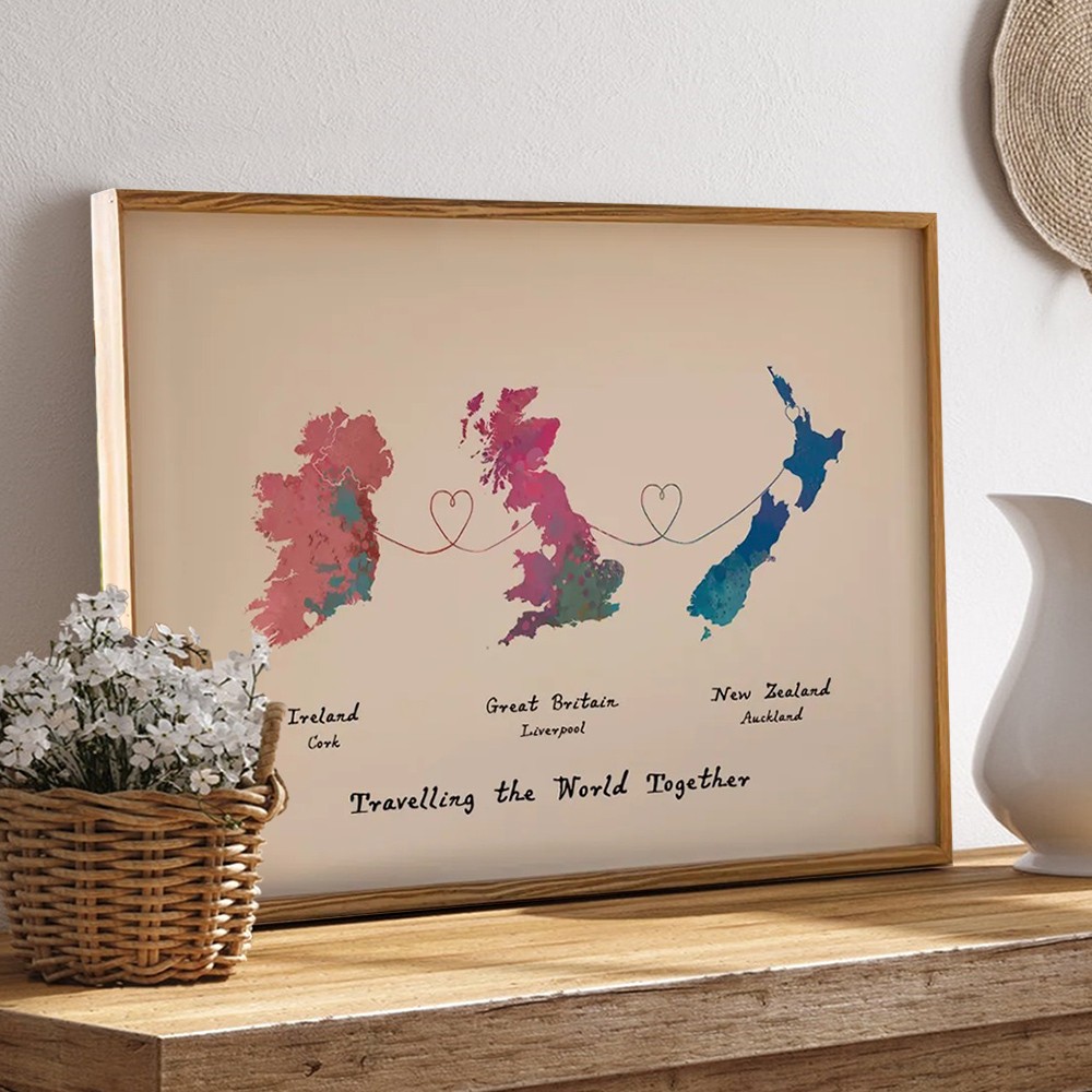 Personalised Three Countries Location Map Wooden Sign Gift For Valentine's Day Wedding Anniversary