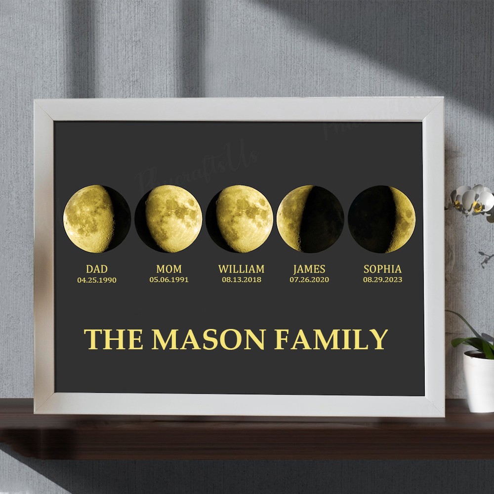 Custom Family's Universe Moon Phase Print Frame With Kids Dates For Anniversary Gift Ideas