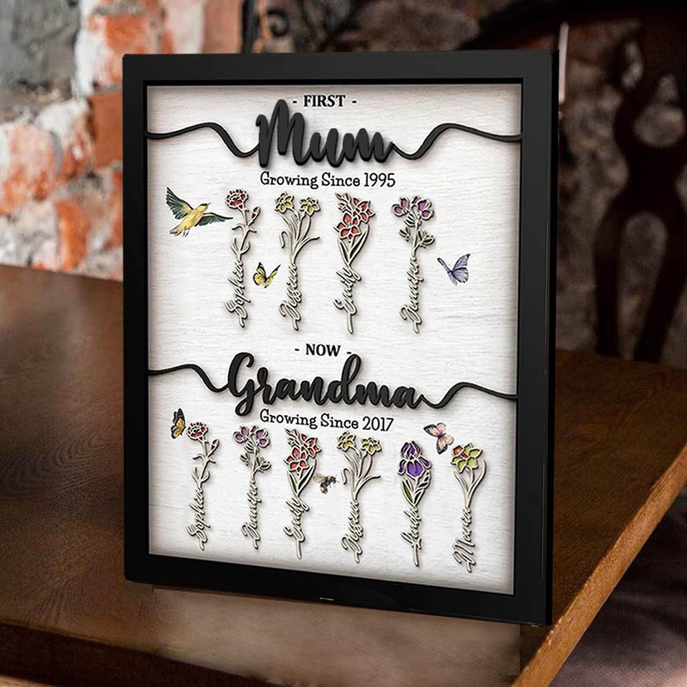 First Mum Now Grandma Wooden Sign Personalised Birth Month Flowers Gift From Kids For Mum Grandma Birthday Mother's Day
