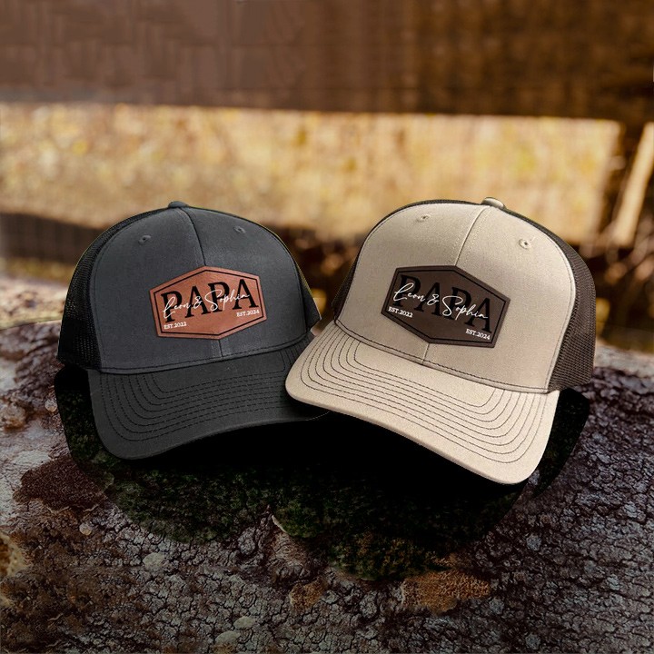 Custom PAPA Leather Patch Cap With Kids Name For Dad Grandpa Father's Day Birthday Gift