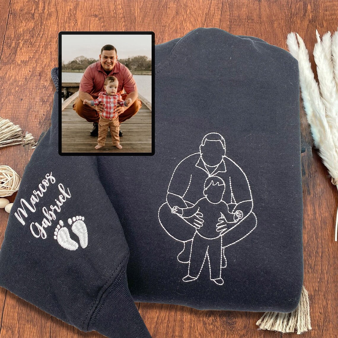 Custom Embroidered Dad Photo Outline Hoodie Sweatshirt With Kids Name On Sleeve For Father's Day Gift